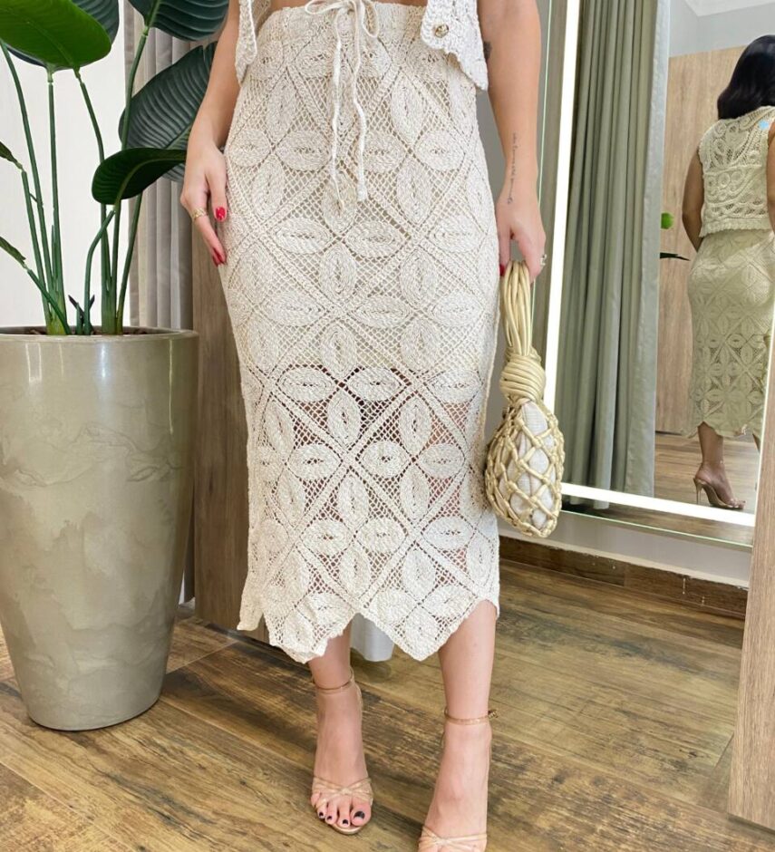 Saia Midi Feminina Katharine Crochê Cru - Fernanda Ramos Store