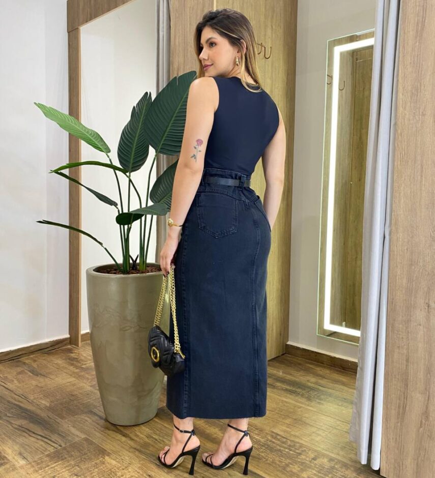 Saia Midi Feminina Raissa com Fenda Jeans Preta 1256P - Fernanda Ramos Store