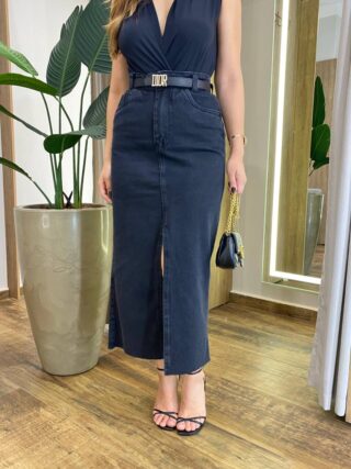 Saia Midi Feminina Raissa com Fenda Jeans Preta 1256P - Fernanda Ramos Store