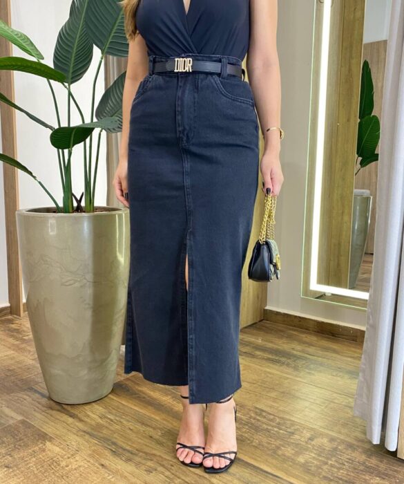 Saia Midi Feminina Raissa com Fenda Jeans Preta 1256P - Fernanda Ramos Store