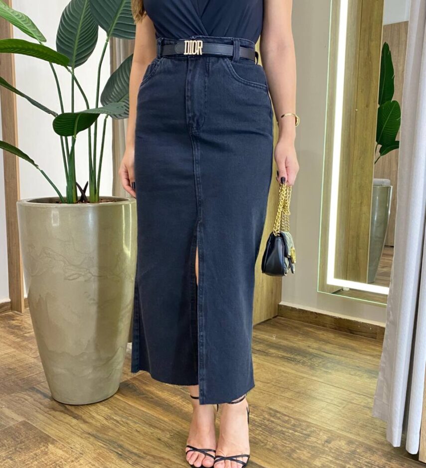 Saia Midi Feminina Raissa com Fenda Jeans Preta 1256P - Fernanda Ramos Store