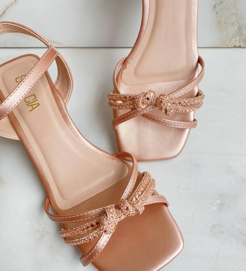 Sandália Feminina Salto Bloco Cobre com Detalhe Brilhante - Fernanda Ramos Store
