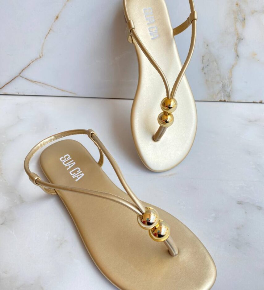 Sandália Rasteira Feminina Flat com Detalhe Dourada - Fernanda Ramos Store