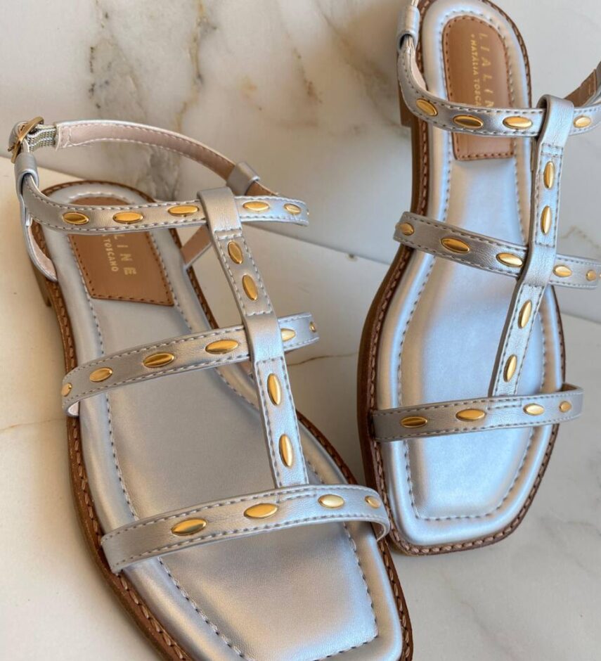 Sandália Rasteira Feminina Flat Tiras Prata com Detalhes Dourados - Fernanda Ramos Store
