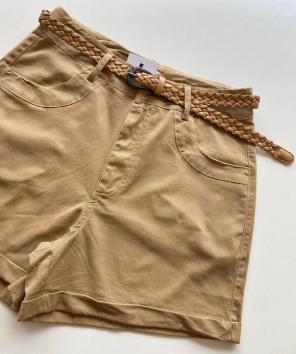 Short Feminino Celine Sarja com Elastano e Cinto Caramelo - Fernanda Ramos Store