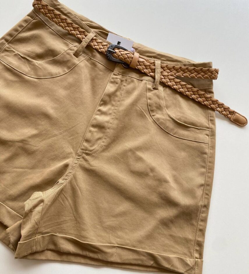 Short Feminino Celine Sarja com Elastano e Cinto Caramelo - Fernanda Ramos Store