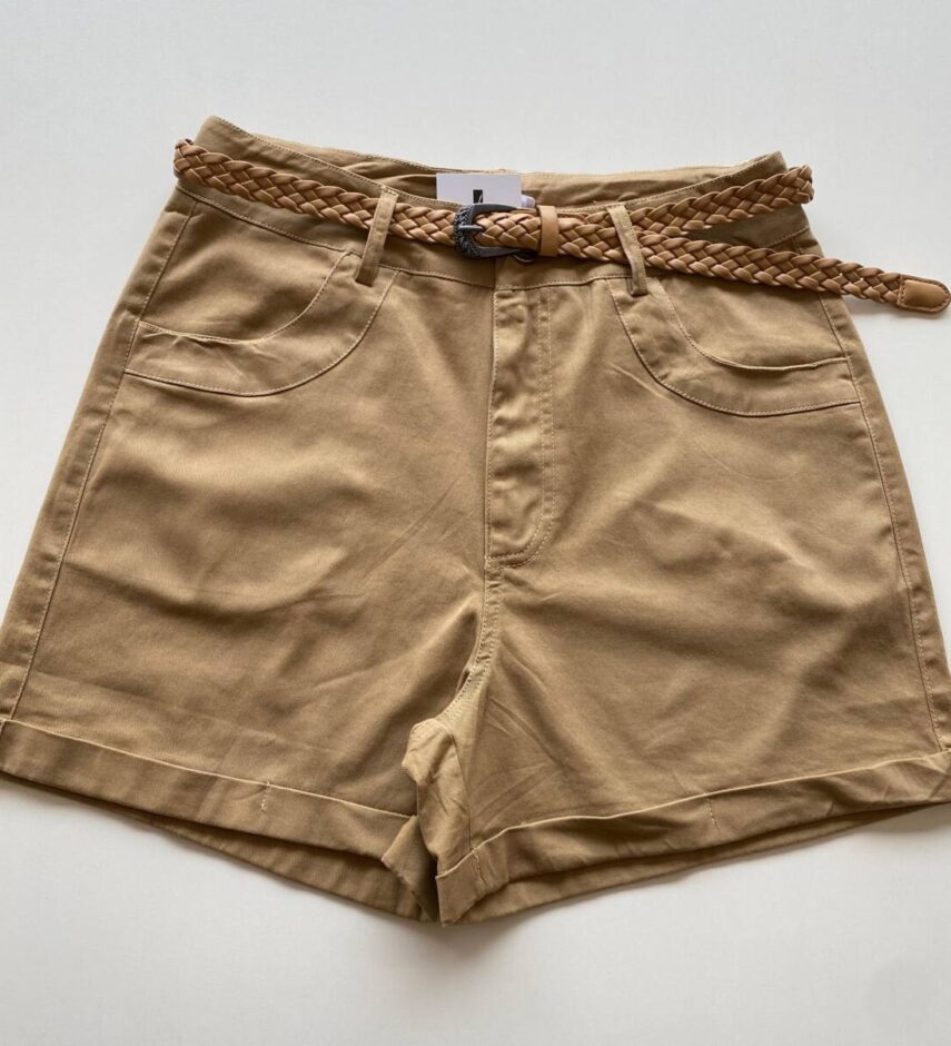 Short Feminino Celine Sarja com Elastano e Cinto Caramelo - Fernanda Ramos Store