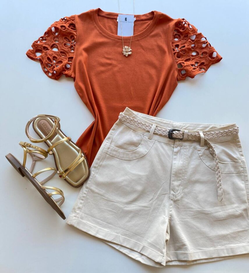 T-shirt Feminina Laísa Terracota com Detalhe na Manga - Fernanda Ramos Store