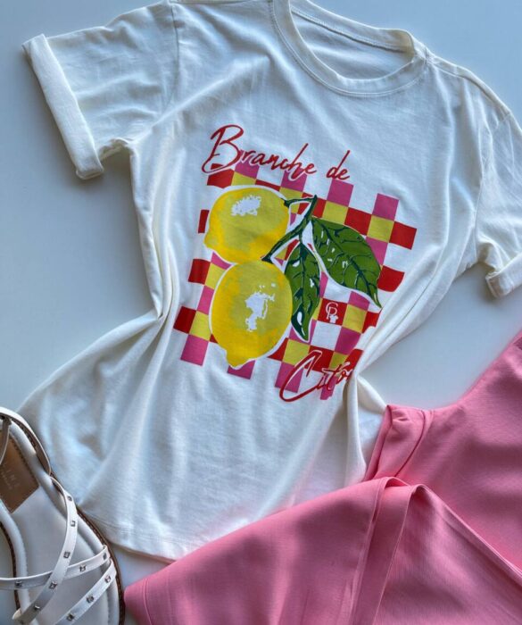 T-shirt Feminina Manga Curta Dora Off White Branche de Citron - Fernanda Ramos Store