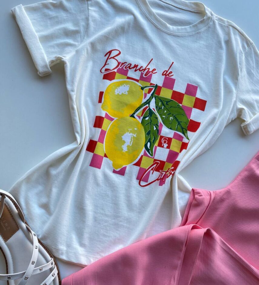 T-shirt Feminina Manga Curta Dora Off White Branche de Citron - Fernanda Ramos Store