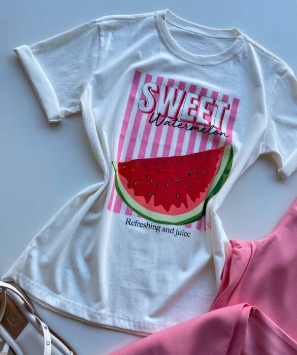 T-shirt Feminina Manga Curta Dora Off White Sweet Watermelon - Fernanda Ramos Store