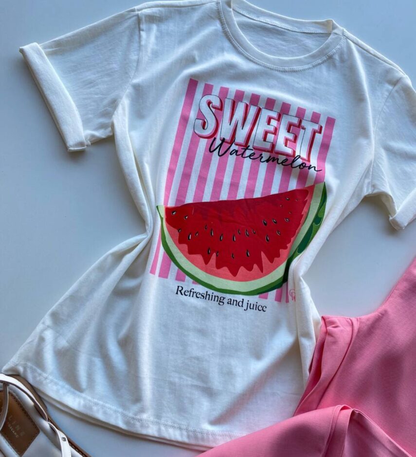 T-shirt Feminina Manga Curta Dora Off White Sweet Watermelon - Fernanda Ramos Store