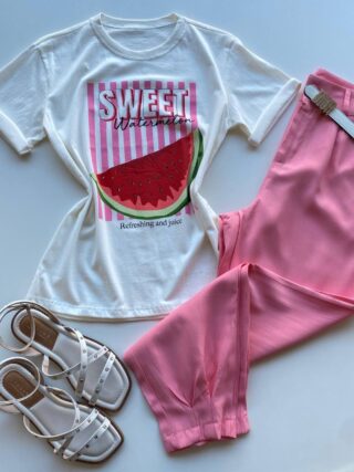 T-shirt Feminina Manga Curta Dora Off White Sweet Watermelon - Fernanda Ramos Store