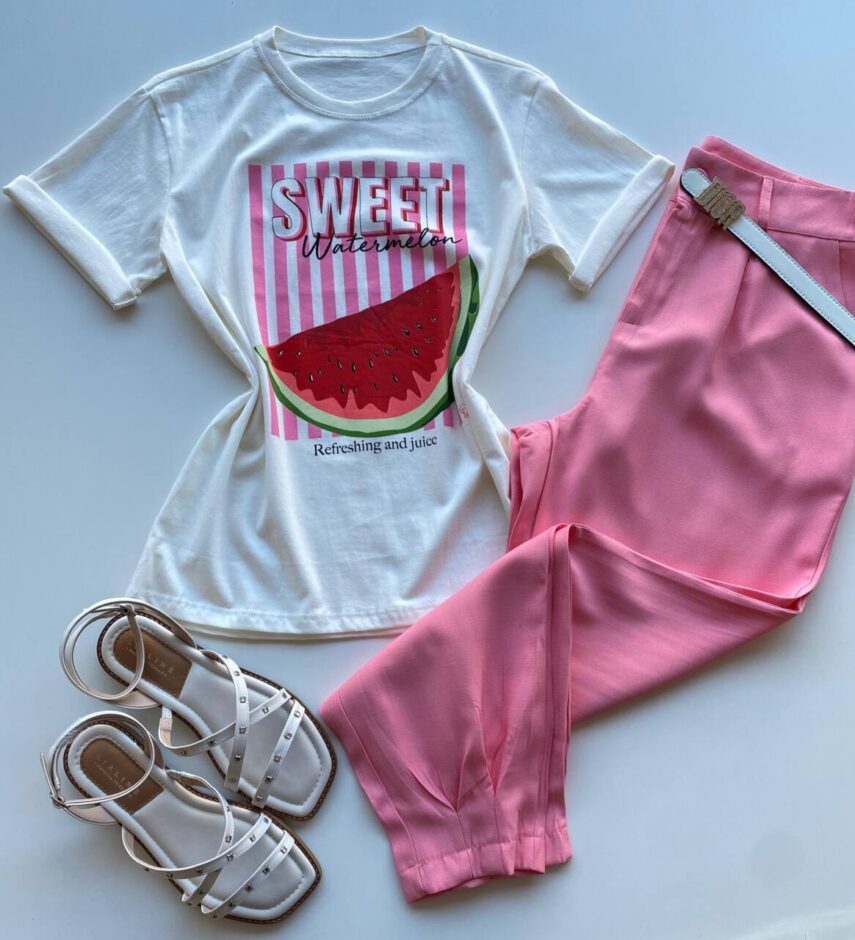 T-shirt Feminina Manga Curta Dora Off White Sweet Watermelon - Fernanda Ramos Store