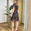 Vestido Feminino Curto sem Bojo Nula Manga com Amarração Preto Estampado - Fernanda Ramos Store