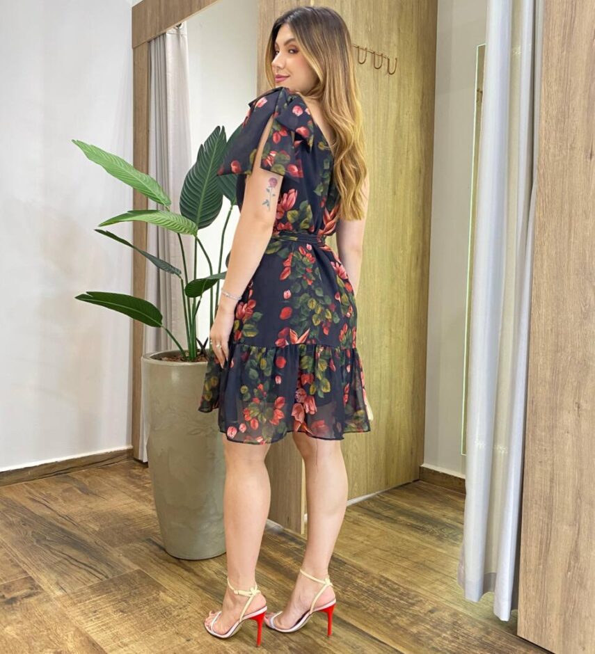 Vestido Feminino Curto sem Bojo Nula Manga com Amarração Preto Estampado - Fernanda Ramos Store