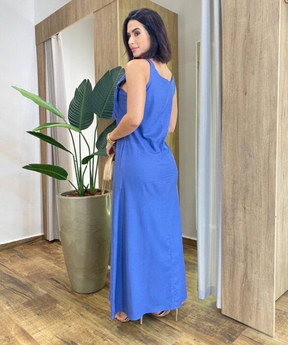 Vestido Feminino Longo Amplo Viscolinho sem Bojo Azul - Fernanda Ramos Store