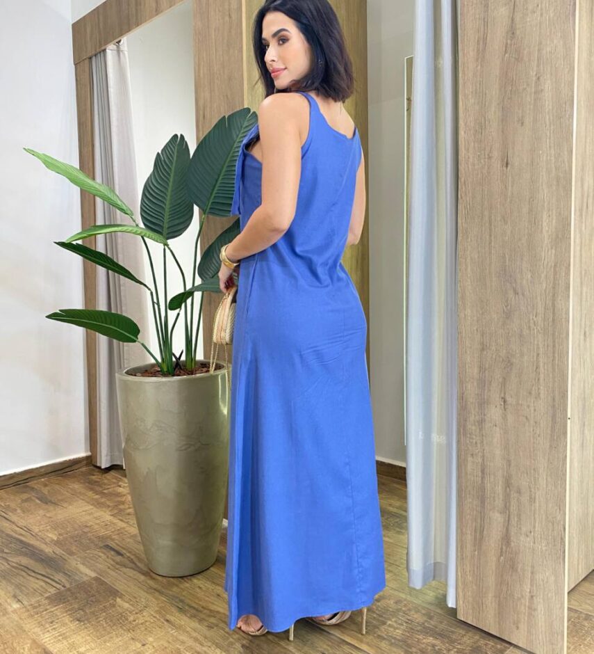Vestido Feminino Longo Amplo Viscolinho sem Bojo Azul - Fernanda Ramos Store