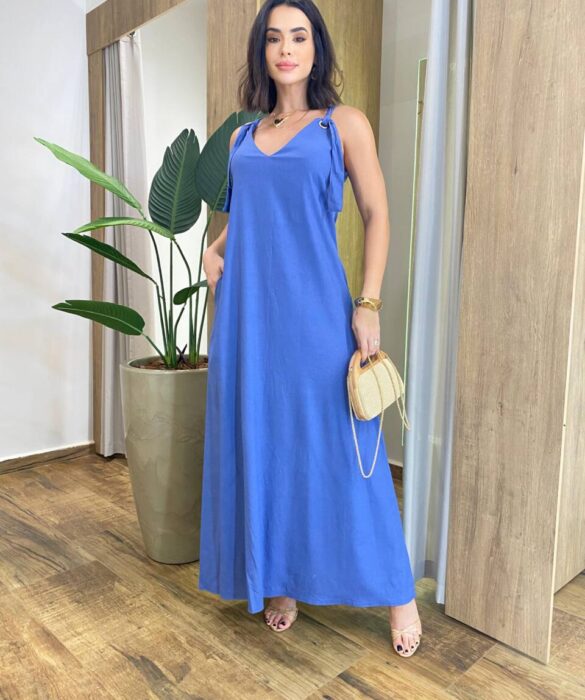 Vestido Feminino Longo Amplo Viscolinho sem Bojo Azul - Fernanda Ramos Store