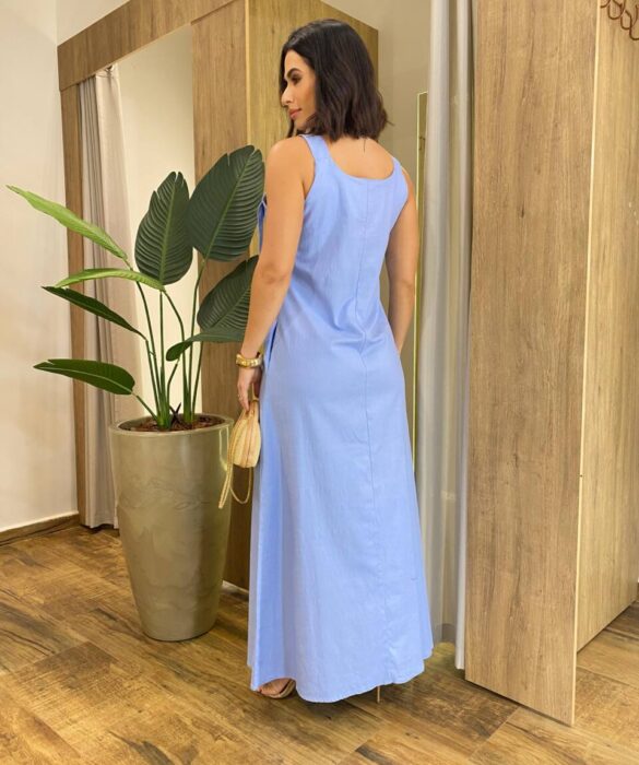 Vestido Feminino Longo Amplo Viscolinho sem Bojo Azul Bebê - Fernanda Ramos Store