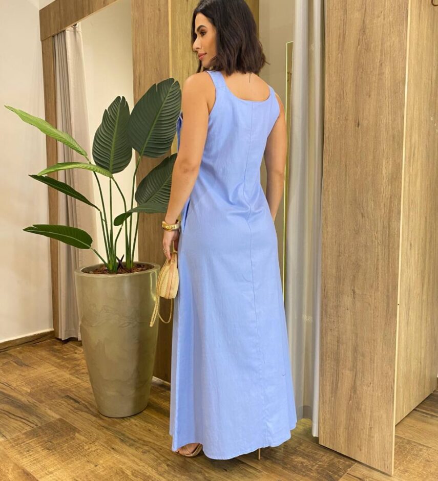Vestido Feminino Longo Amplo Viscolinho sem Bojo Azul Bebê - Fernanda Ramos Store