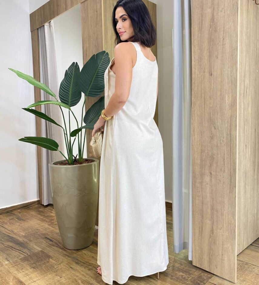 Vestido Feminino Longo Amplo Viscolinho sem Bojo Cru - Fernanda Ramos Store