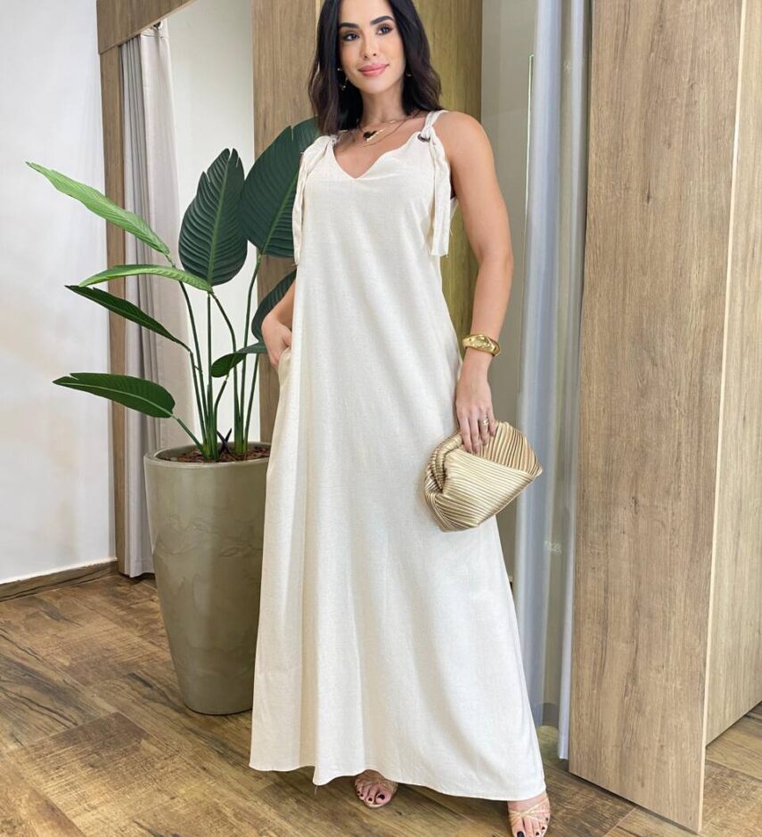 Vestido Feminino Longo Amplo Viscolinho sem Bojo Cru - Fernanda Ramos Store