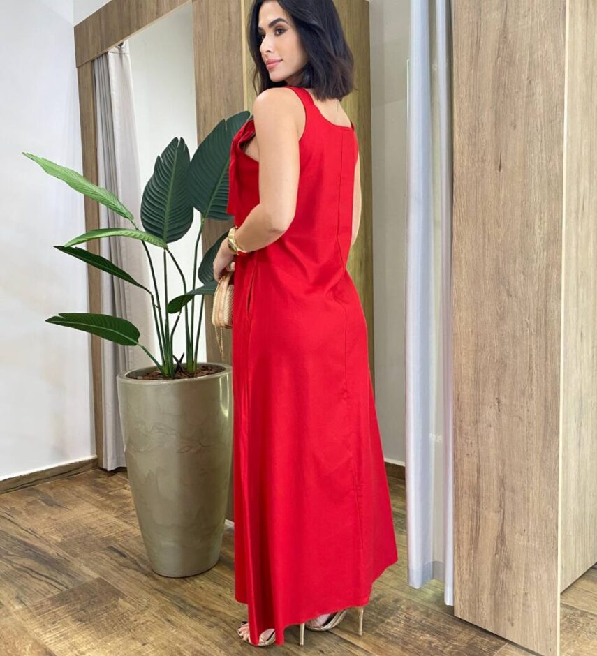 Vestido Feminino Longo Amplo Viscolinho sem Bojo Vermelho - Fernanda Ramos Store
