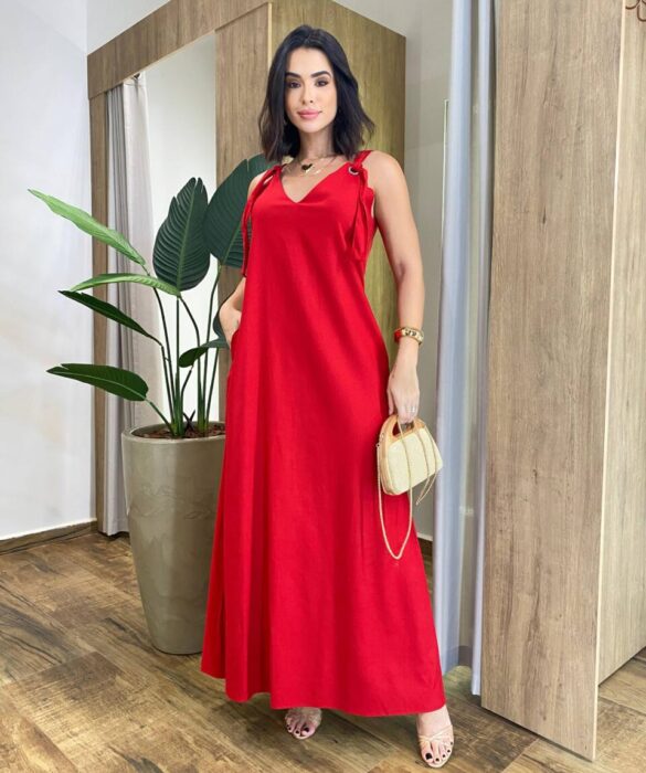 Vestido Feminino Longo Amplo Viscolinho sem Bojo Vermelho - Fernanda Ramos Store