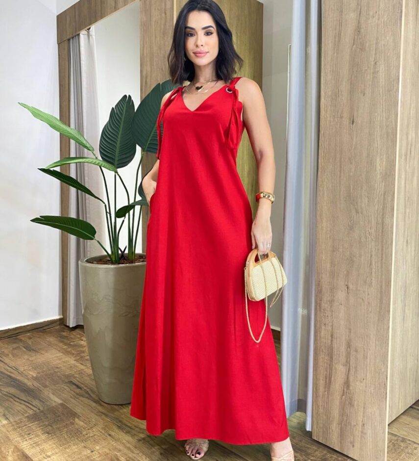Vestido Feminino Longo Amplo Viscolinho sem Bojo Vermelho - Fernanda Ramos Store