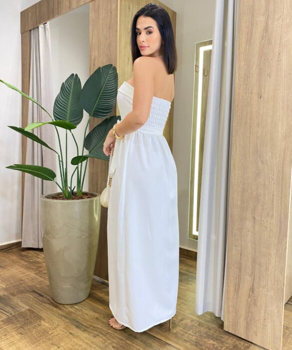 Vestido Feminino Longo Clara com Bojo e Amarração Off White - Fernanda Ramos Store