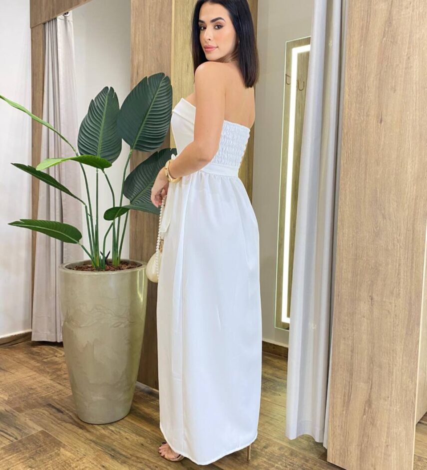 Vestido Feminino Longo Clara com Bojo e Amarração Off White - Fernanda Ramos Store