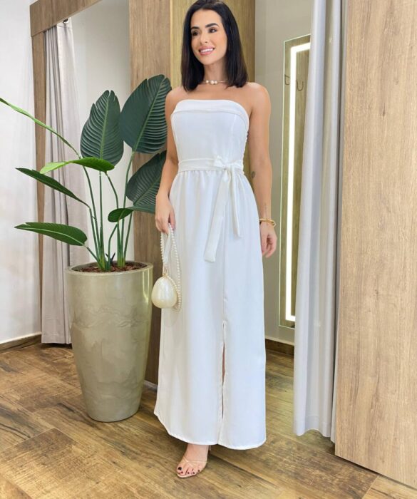 Vestido Feminino Longo Clara com Bojo e Amarração Off White - Fernanda Ramos Store