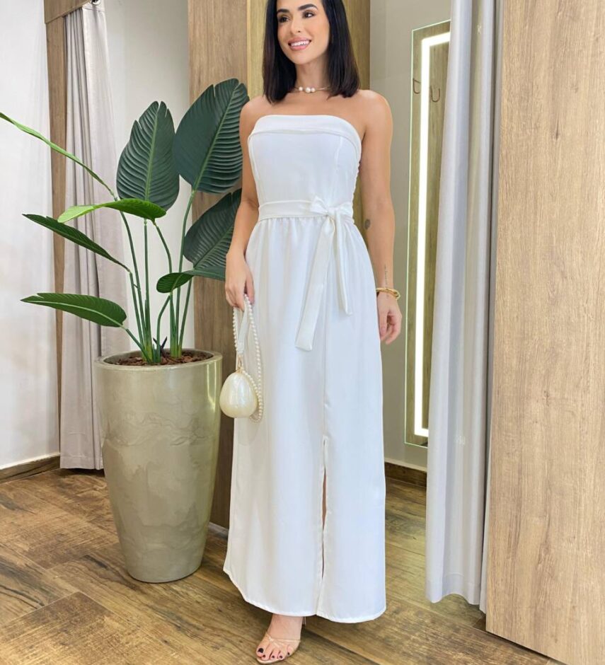Vestido Feminino Longo Clara com Bojo e Amarração Off White - Fernanda Ramos Store