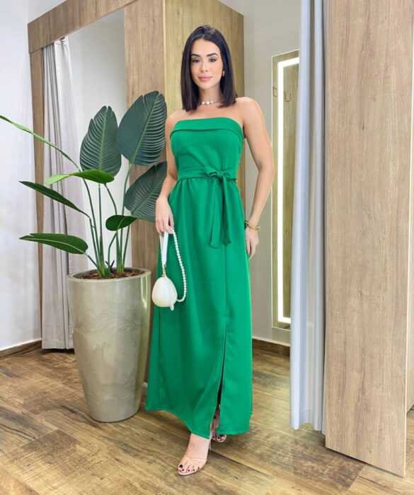 Vestido Feminino Longo Clara com Bojo e Amarração Verde - Fernanda Ramos Store