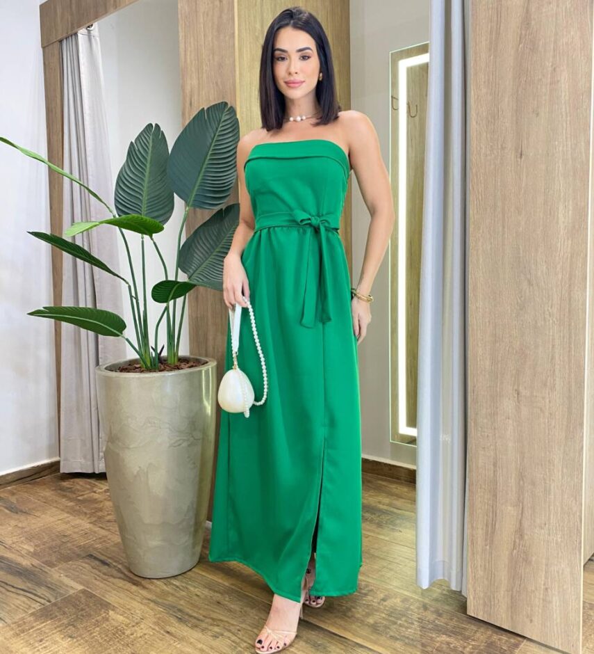 Vestido Feminino Longo Clara com Bojo e Amarração Verde - Fernanda Ramos Store