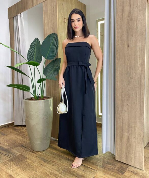 Vestido Feminino Longo Clara com Bojo e Amarração Preto - Fernanda Ramos Store