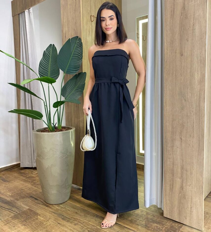 Vestido Feminino Longo Clara com Bojo e Amarração Preto - Fernanda Ramos Store