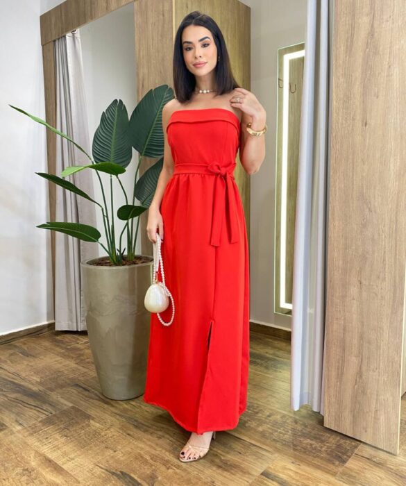 Vestido Feminino Longo Clara com Bojo e Amarração Vermelho - Fernanda Ramos Store