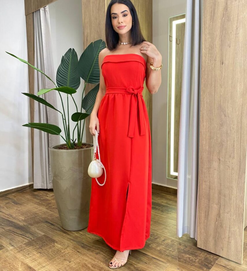Vestido Feminino Longo Clara com Bojo e Amarração Vermelho - Fernanda Ramos Store