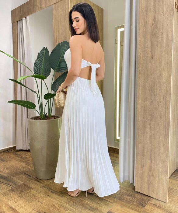 Vestido Feminino Longo com Bojo Tomara que Caia Plissado Off White - Fernanda Ramos Store