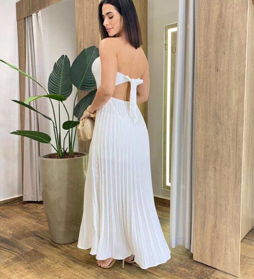 Vestido Feminino Longo com Bojo Tomara que Caia Plissado Off White - Fernanda Ramos Store