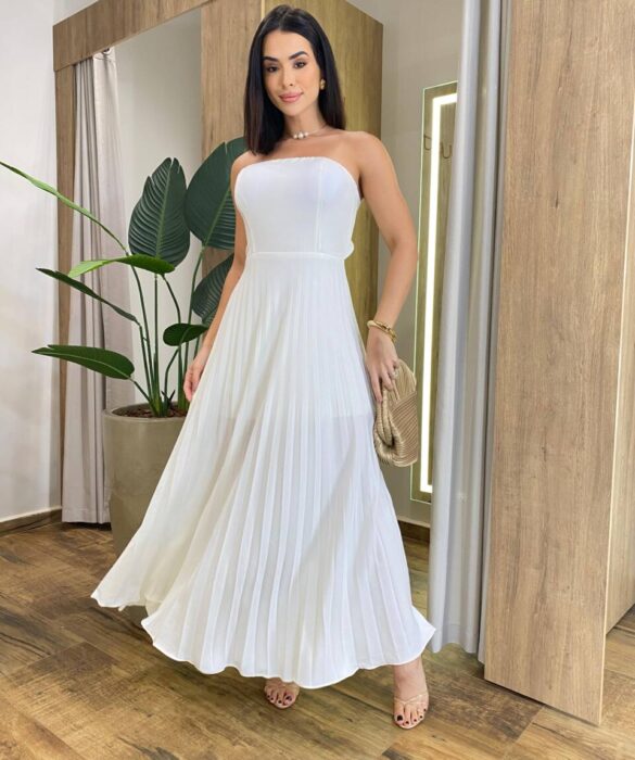 Vestido Feminino Longo com Bojo Tomara que Caia Plissado Off White - Fernanda Ramos Store