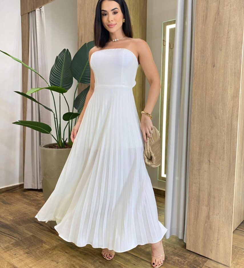 Vestido Feminino Longo com Bojo Tomara que Caia Plissado Off White - Fernanda Ramos Store