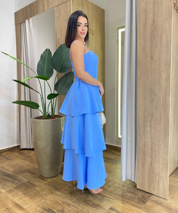 Vestido Feminino Longo Ísis com Bojo em Camadas Azul - Fernanda Ramos Store