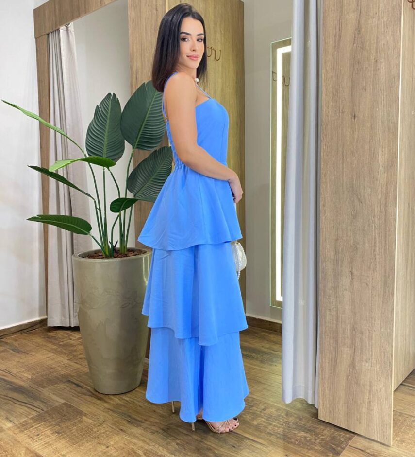 Vestido Feminino Longo Ísis com Bojo em Camadas Azul - Fernanda Ramos Store