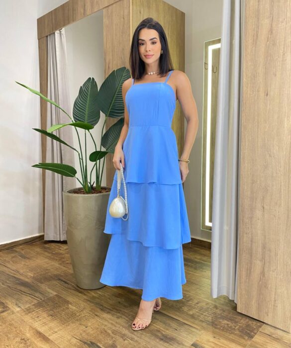 Vestido Feminino Longo Ísis com Bojo em Camadas Azul - Fernanda Ramos Store