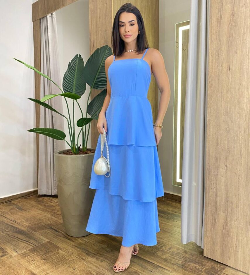 Vestido Feminino Longo Ísis com Bojo em Camadas Azul - Fernanda Ramos Store