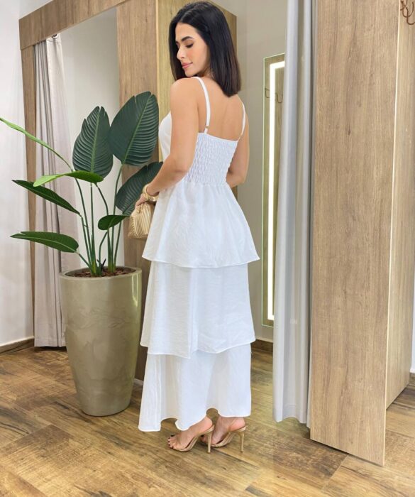 Vestido Feminino Longo Ísis com Bojo em Camadas Off White - Fernanda Ramos Store