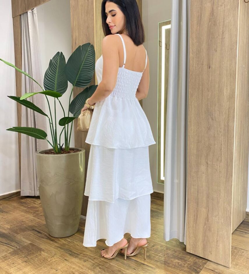 Vestido Feminino Longo Ísis com Bojo em Camadas Off White - Fernanda Ramos Store
